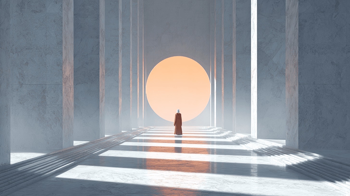 Атмосферная обложка с одинокой фигурой в светлом холодном храмовом пространстве, передающая разрыв между человеком и институтом